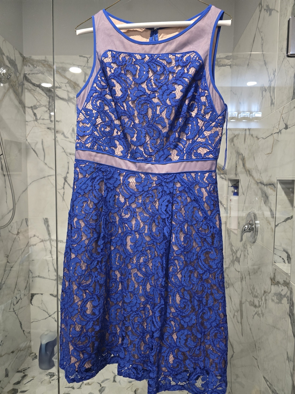 Adrianna Papell Royal Blue Lace Midi Dress with Nude Lining